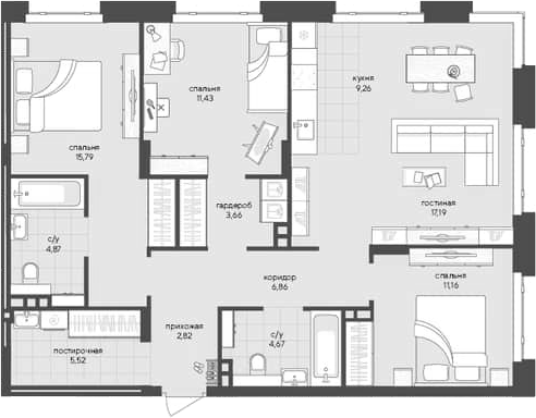 Планировка 3-к.кв 93.23 м² в ЖК «Новый Кедровый»
