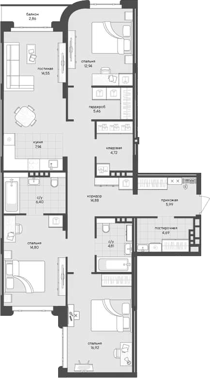 Планировка 3-к.кв 114.10 м² в ЖК «Новый Кедровый»