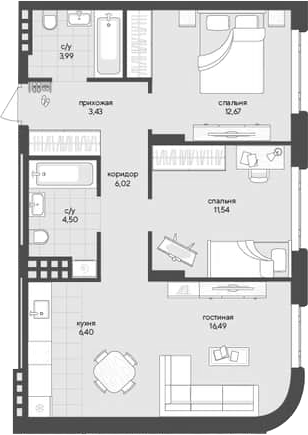 Планировка 2-к.кв 65.04 м² в ЖК «Новый Кедровый»
