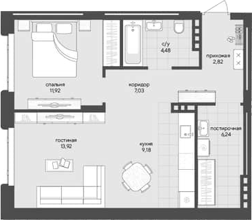 Планировка 1-к.кв 55.59 м² в ЖК «Новый Кедровый»