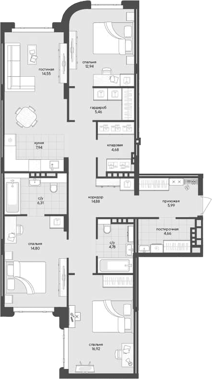 Планировка 3-к.кв 113.91 м² в ЖК «Новый Кедровый»