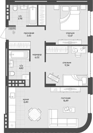 Планировка 2-к.кв 64.95 м² в ЖК «Новый Кедровый»