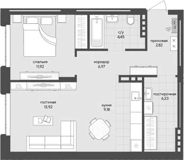 Планировка 1-к.кв 55.49 м² в ЖК «Новый Кедровый»
