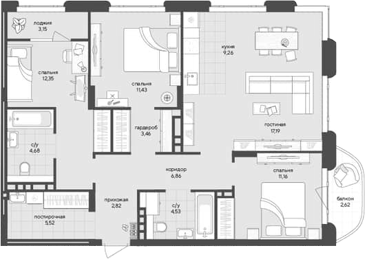 Планировка 3-к.кв 89.26 м² в ЖК «Новый Кедровый»
