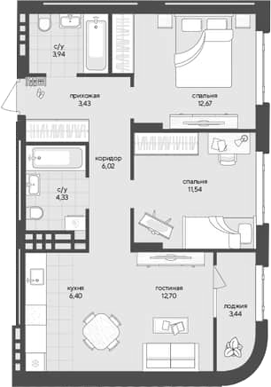 Планировка 2-к.кв 61.03 м² в ЖК «Новый Кедровый»