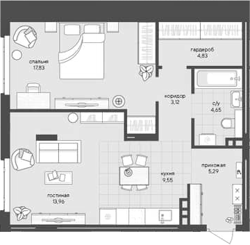 Планировка 1-к. квартира 59.23 м² в ЖК «Новый Кедровый»