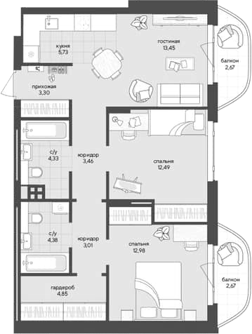 Планировка 2-к.кв 67.98 м² в ЖК «Новый Кедровый»