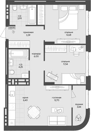 Планировка 2-к. квартира 60.95 м² в ЖК «Новый Кедровый»