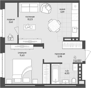 Планировка 1-к.кв 38.62 м² в ЖК «Новый Кедровый»