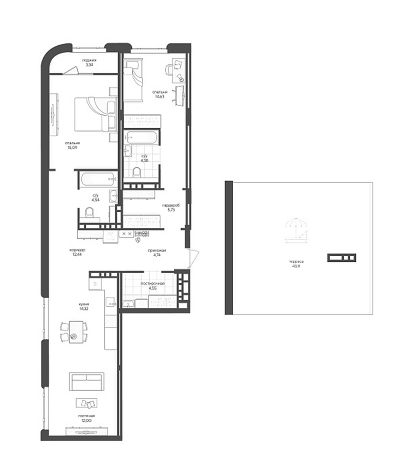 Планировка 2-к.кв 92.42 м² в ЖК «Новый Кедровый»