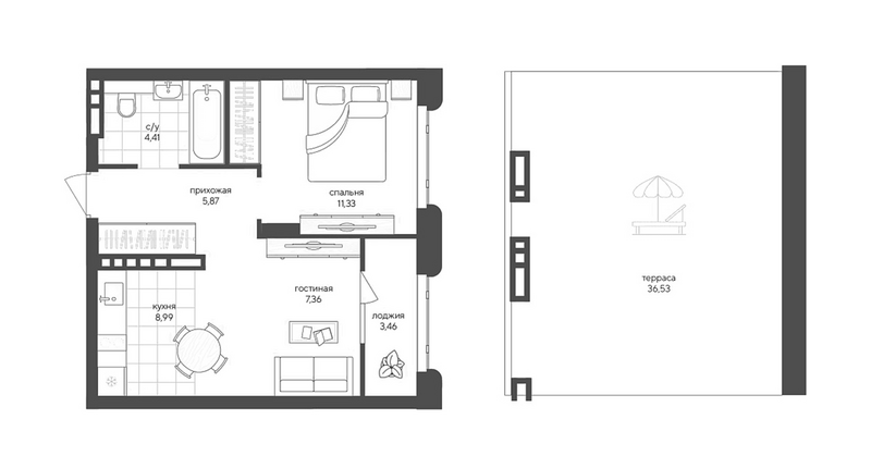 Планировка 1-к.кв 52.61 м² в ЖК «Новый Кедровый»