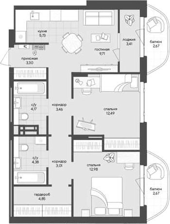 Планировка 2-к.кв 64.08 м² в ЖК «Новый Кедровый»