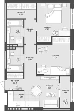 Планировка 2-к.кв 63.89 м² в ЖК «Новый Кедровый»