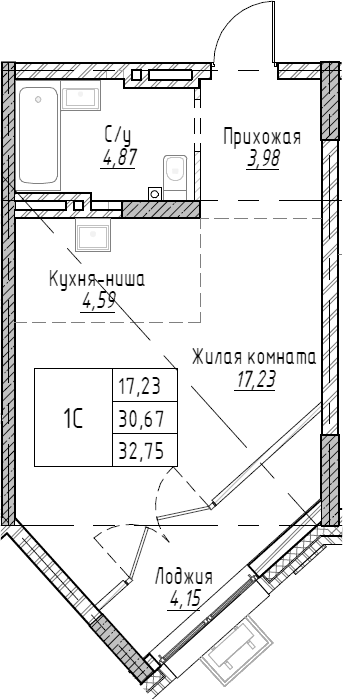 Планировка студии 32.74 м² в ЖК «Рафинад»