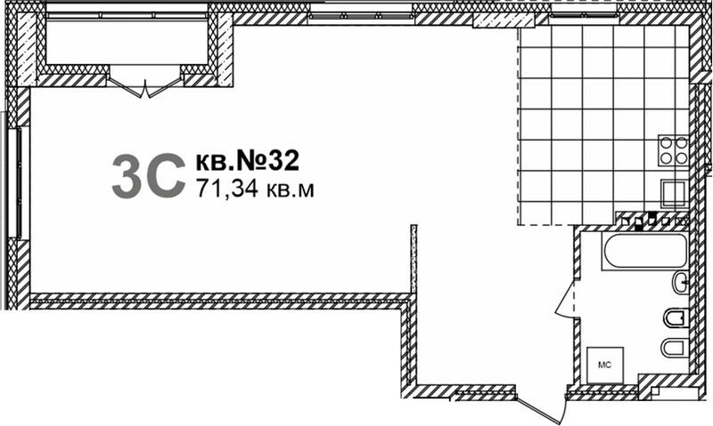 Планировка своб. план. 71.34 м² в ЖК «Римский квартал»