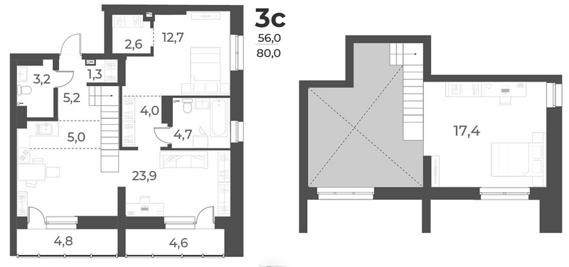 Планировка 3е-к.кв 80.00 м² в ЖК «Нормандия-Неман»