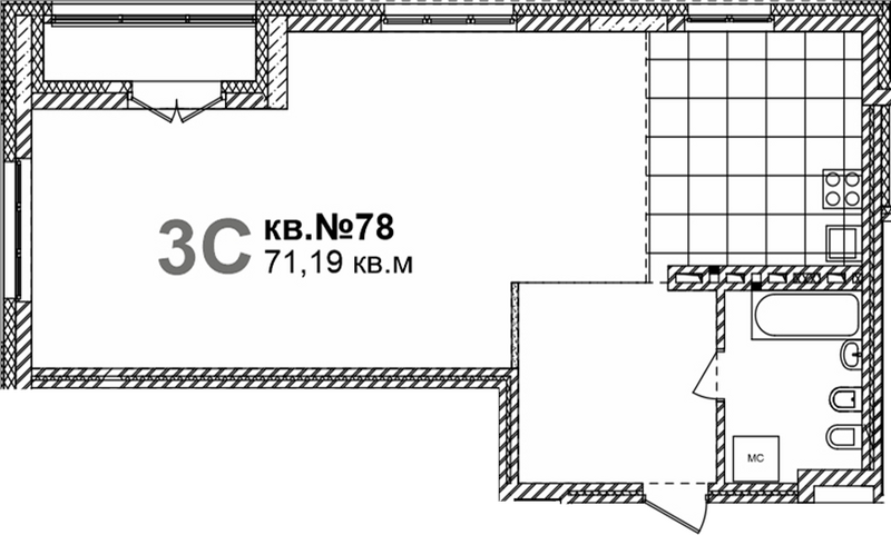 Планировка своб. план. 71.19 м² в ЖК «Римский квартал»
