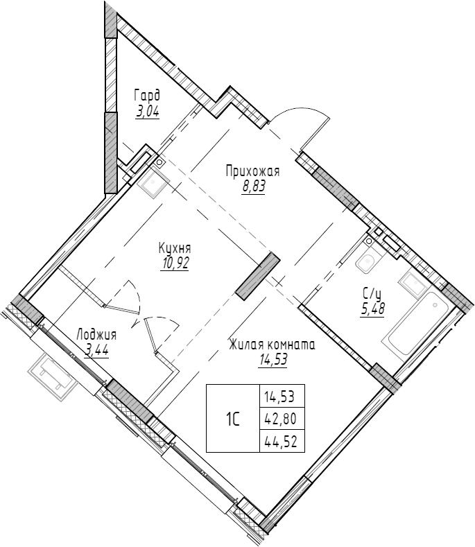 Планировка 1-к.кв 44.52 м² в ЖК «Рафинад»