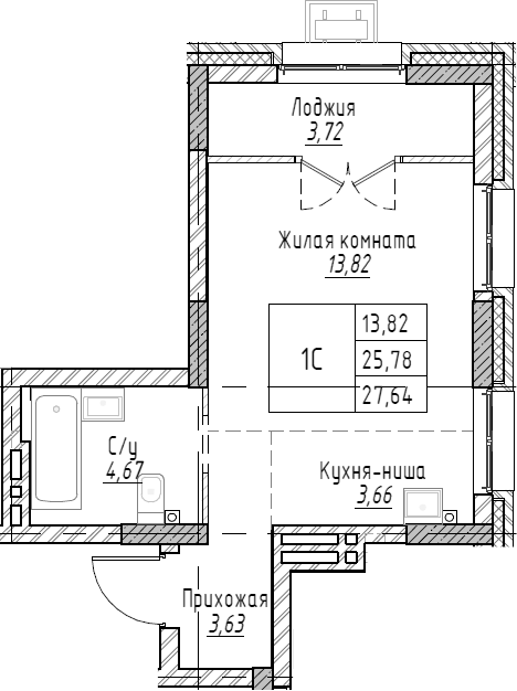 Планировка студии 27.64 м² в ЖК «Рафинад»