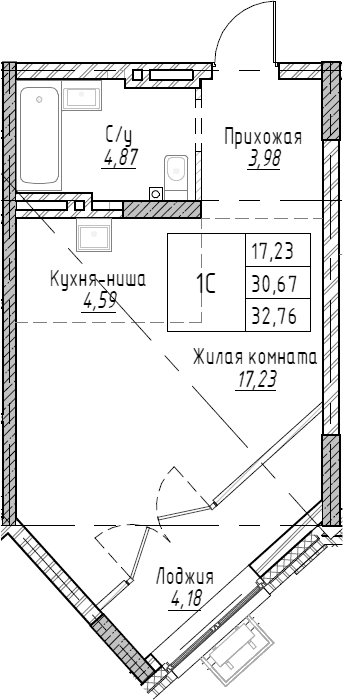 Планировка студии 32.76 м² в ЖК «Рафинад»