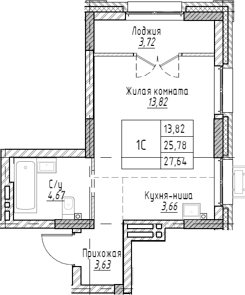Планировка студии 27.64 м² в ЖК «Рафинад»