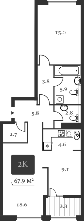 Планировка 2-к.кв 69.55 м² в ЖК «Нобель»