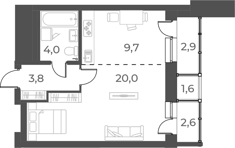 Планировка студии 37.50 м² в ЖК «Нормандия-Неман»