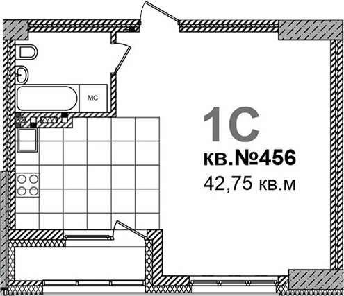 Планировка свободная планировка 42.75 м² в ЖК «Римский квартал»