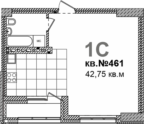 Планировка своб. план. 42.75 м² в ЖК «Римский квартал»