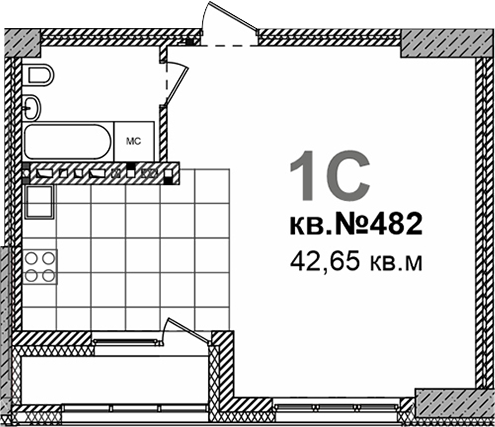 Планировка своб. план. 42.65 м² в ЖК «Римский квартал»
