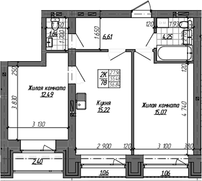 Планировка 2-к.кв 55.48 м² в ЖК «Комсомольский проспект»