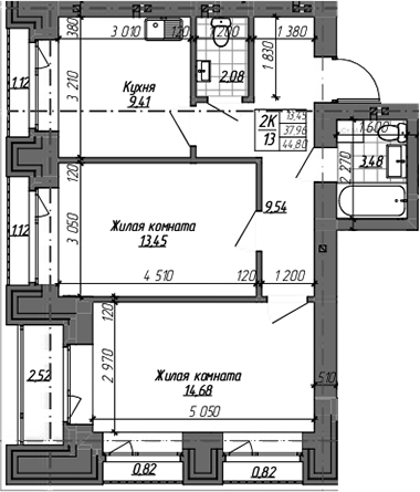 Планировка 2-к.кв 52.64 м² в ЖК «Комсомольский проспект»