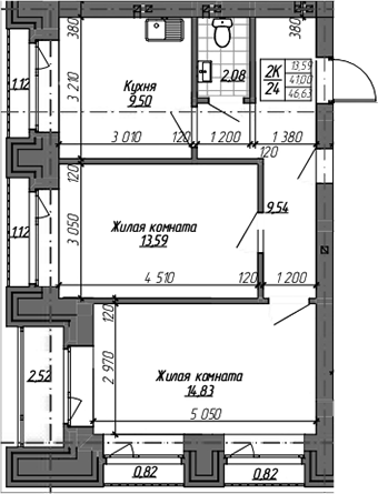 Планировка 2-к.кв 53.31 м² в ЖК «Комсомольский проспект»