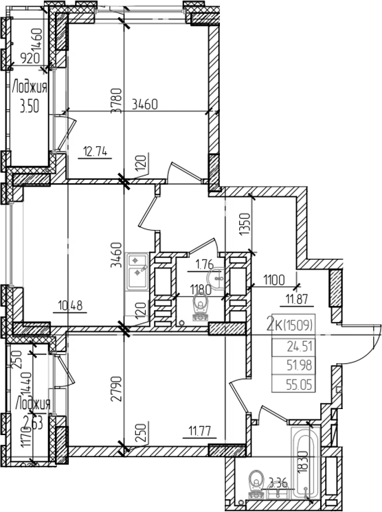 Планировка 2-к.кв 51.90 м² в ЖК «Чернышевский»