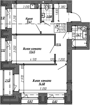 Планировка 2-к. квартира 52.63 м² в ЖК «Комсомольский проспект»