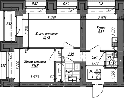 Планировка 2-к.кв 50.85 м² в ЖК «Комсомольский проспект»