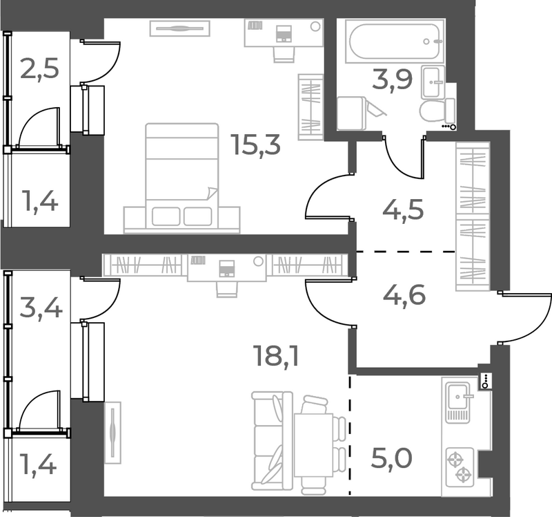 Планировка 2е-к.кв 51.40 м² в ЖК «Нормандия-Неман»