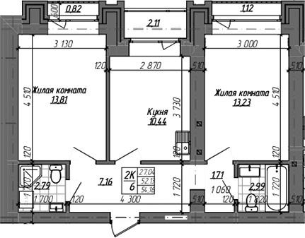Планировка 2-к.кв 52.13 м² в ЖК «Комсомольский проспект»