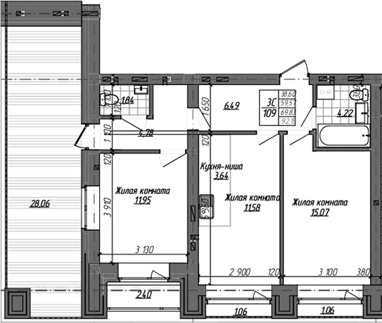 Планировка 3е-к.кв 59.57 м² в ЖК «Комсомольский проспект»