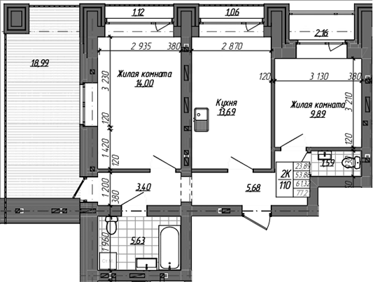 Планировка 2-к.кв 53.88 м² в ЖК «Комсомольский проспект»