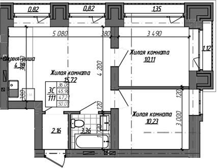 Планировка 3е-к.кв 45.96 м² в ЖК «Комсомольский проспект»