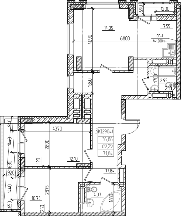 Планировка 3е-к.кв 69.20 м² в ЖК «Чернышевский»