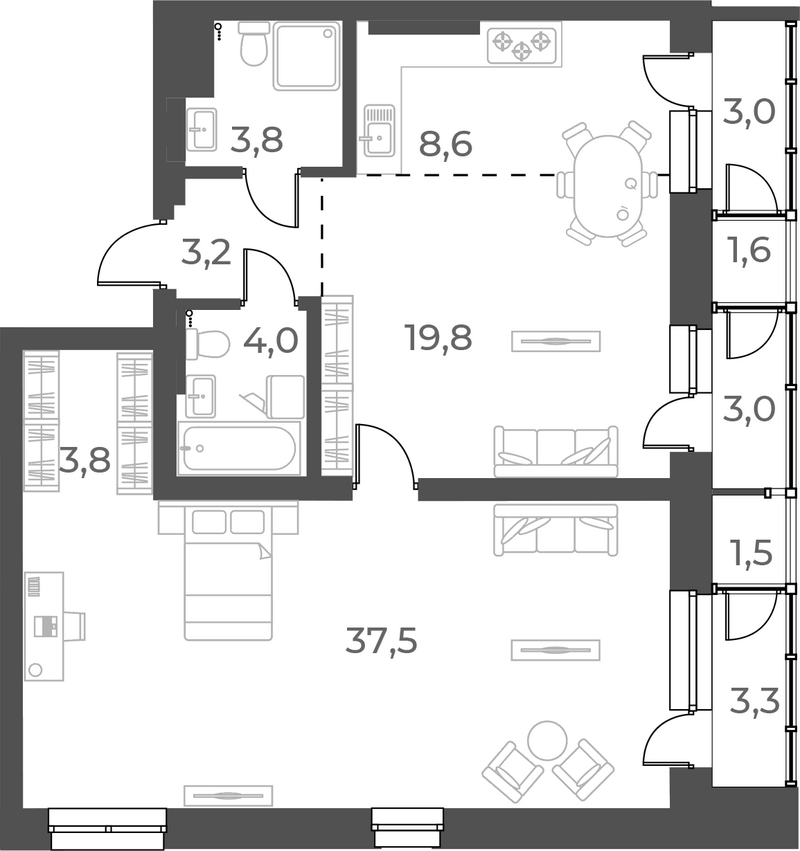 Планировка 2е-к.кв 80.70 м² в ЖК «Нормандия-Неман»