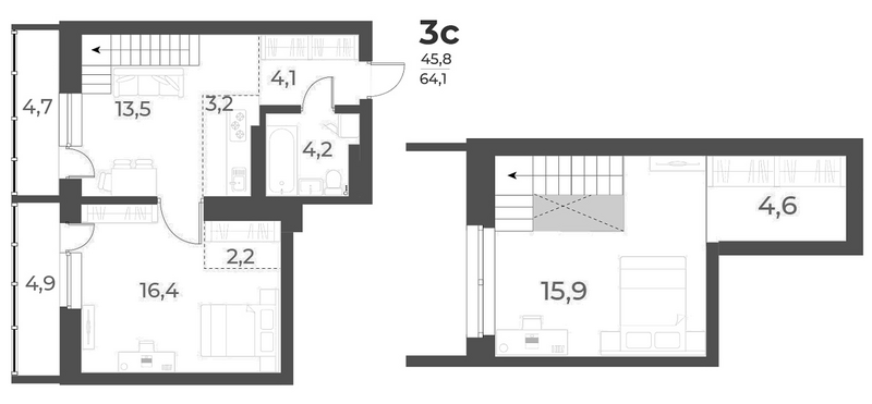 Планировка 3е-к.кв 64.10 м² в ЖК «Нормандия-Неман»