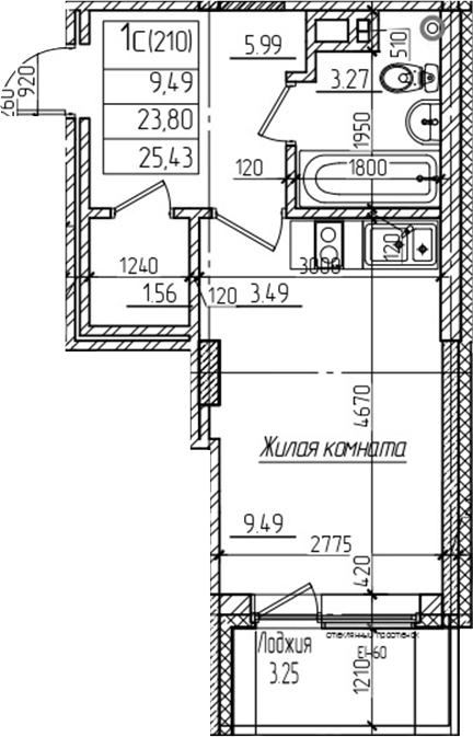 Планировка студии 23.80 м² в ЖК «Возрождение»