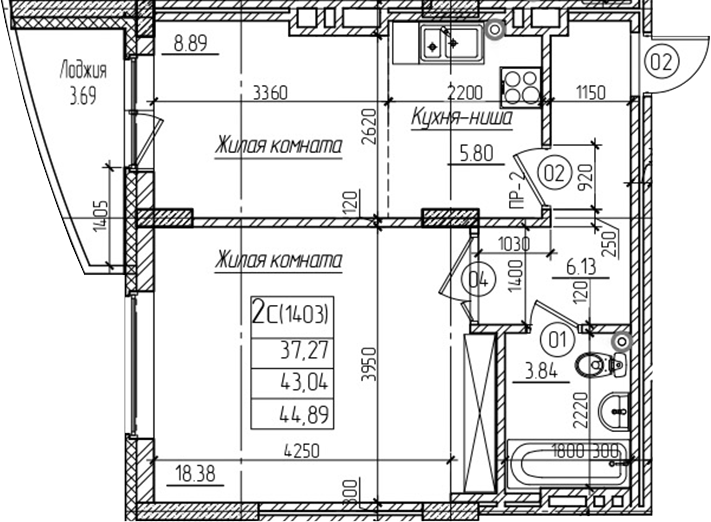 Планировка 1-к.кв 43.00 м² в ЖК «Возрождение»