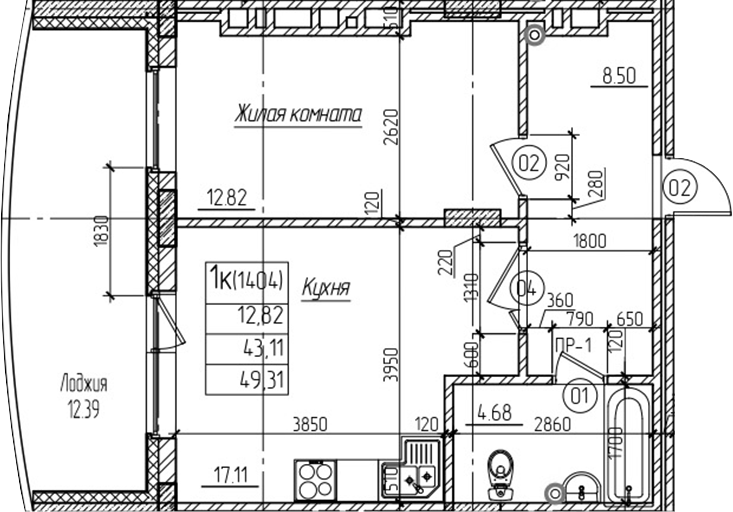 Планировка 1-к.кв 43.10 м² в ЖК «Возрождение»