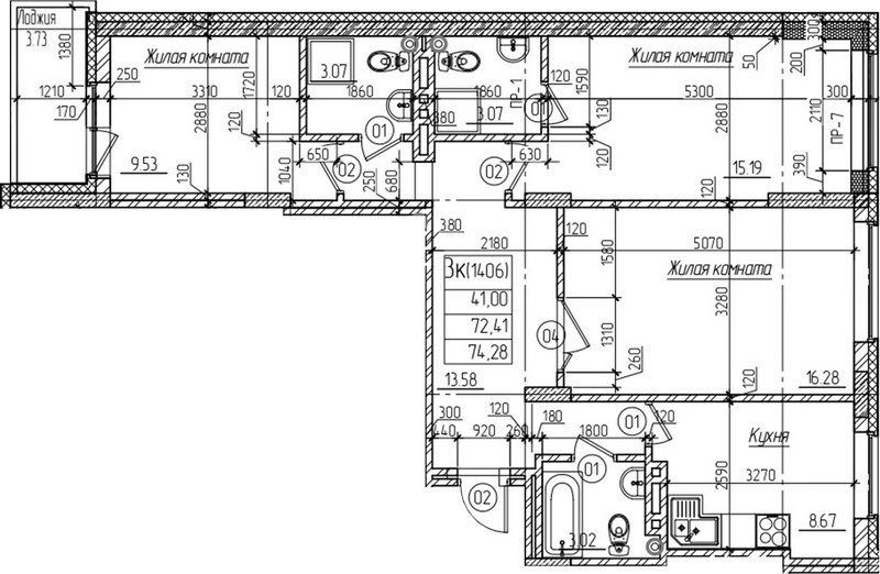 Планировка 3-к.кв 72.40 м² в ЖК «Возрождение»