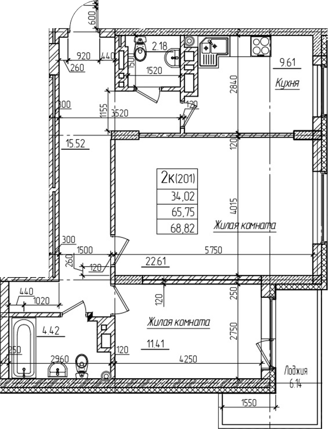Планировка 2-к.кв 65.70 м² в ЖК «Возрождение»