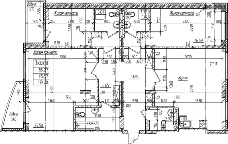 Планировка 3-к.кв 115.50 м² в ЖК «Возрождение»